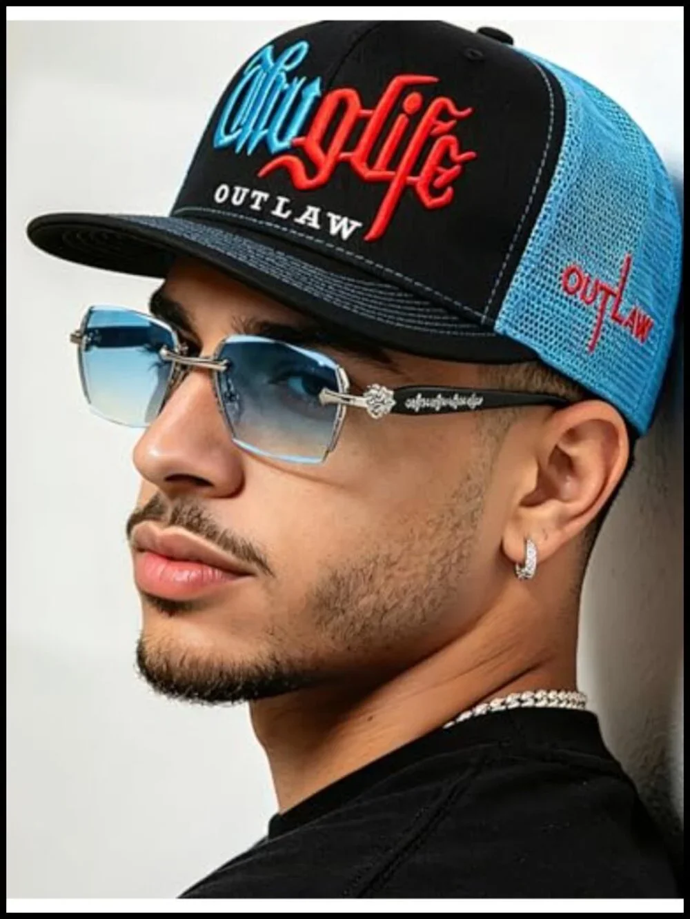 Rimless Diamond-Cut Lens Sunglasses with Metal Pattern Inlay